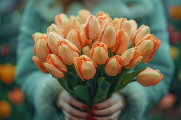 A bouquet of peach tulips in female hands