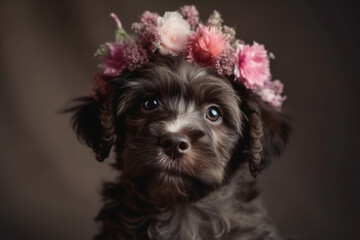 Portrait of a cute puppy with a wreath of pink flowers on his head