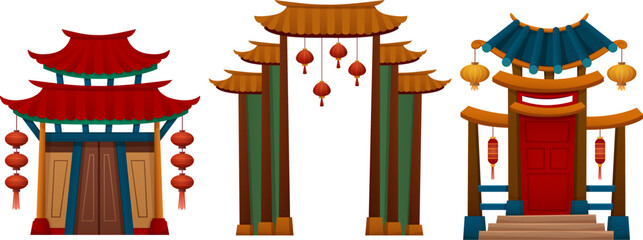 Traditional Chinese house or temple door with roof, stairs and lanterns. Cartoon vector illustration set of oriental building arch gate. Asian pavilion antique entrance with classic decoration.