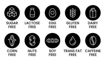Set allergen free icons. Allergen free products. Products warning symbols. Lactose free, gluten free, sugar free, corn free, egg free, trans fat free, soy free, nuts free, coffeine free sign. - obrazy, fototapety, plakaty