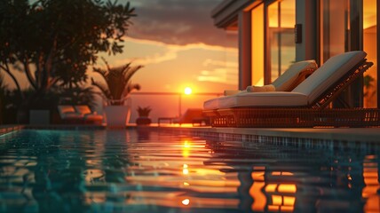 Luxurious pool area at sunset with shimmering waters and inviting loungers