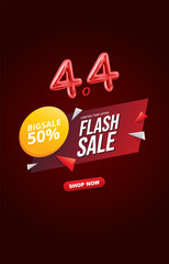 4.4 flash sale discount template banner with blank space for product sale with abstract gradient red background design