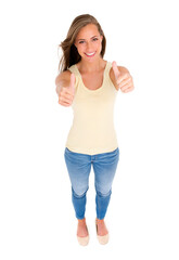 Fototapeta premium Thumbs up, smile and woman for motivation, success or approval in studio with isolated white background. Top view, hand gesture and female person for agreement, like emoji and yes sign on mockup.