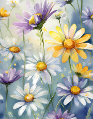 whimsical watercolor daisies on a white background