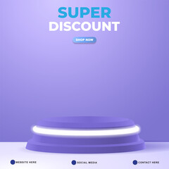super discount sale template banner with blank space 3d podium for product sale with abstract gradient blue and white background design