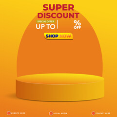 super discount sale template banner with copy space 3d podium for product sale with abstract gradient orange and yellow background design