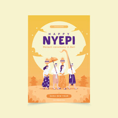 Melasti ceremony celebrates of Bali nyepi day illustration on poster design