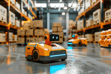 Smart box-mover robots carry box in the warehouse, IOT connected to the internet network in Distribution Logistics Center