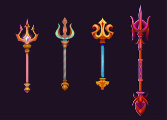 Magic tridents set isolated on black background. Vector cartoon illustration of golden spear forks decorated with gemstones, game rank asset, poseidon power symbol, nautical weapon, ui design elements