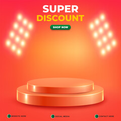 super discount sale template banner with copy space 3d podium for product sale with abstract gradient orange background design