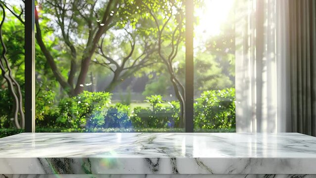 modern home with white marble table near window with garden view. empty white stone marble table top. seamless looping overlay 4k virtual video animation background