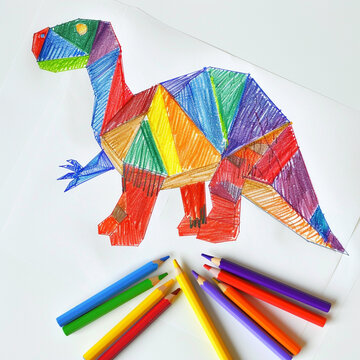 a colorful dinosaur drawn on a sheet of white paper