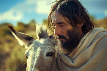 Zelfklevend Fotobehang Biblical Representation: Jesus with Donkey in Visual Interpretation © KhCht