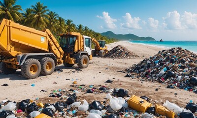 Excavators Cleaning Polluted Tropical Beach - obrazy, fototapety, plakaty