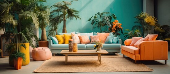 The living room is bustling with a variety of furniture and fake plastic plants. The sofa set and table are adorned with artificial greenery, creating a lively atmosphere in the room.