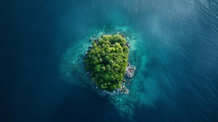 A small island located in the middle of the vast ocean, isolated from any landmass, with waves breaking against its shores - obrazy, fototapety, plakaty