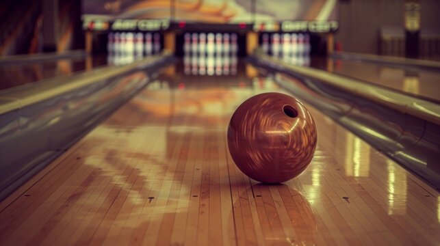 A bowling ball sits atop a polished wooden lane at a bowling alley, ready to be thrown towards the pins