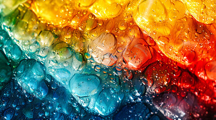 Vibrant Abstract Water Texture, Colorful Liquid Drops and Bubbles on a Bright Background - obrazy, fototapety, plakaty