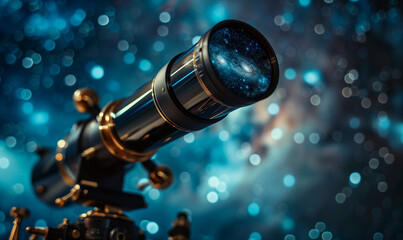 Photo of a telescope, that has reflection of space galaxy in lense