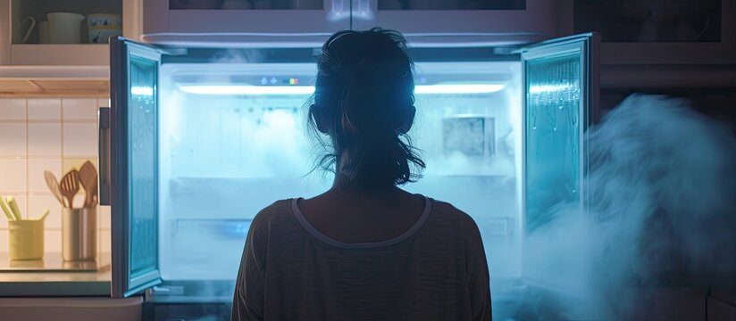 A woman is standing in her kitchen in front of an open refrigerator. The freezer compartment is empty, with visible ice inside, indicating a defrosting process in progress.