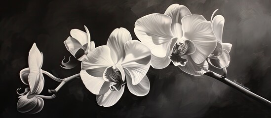 This black and white photo showcases the intricate details of an orchid, highlighting its delicate...