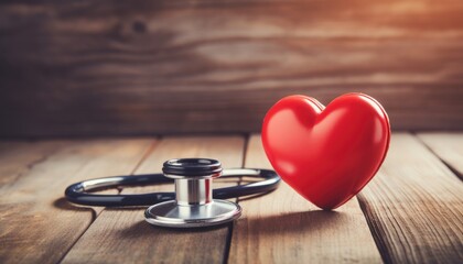 a red heart with a stethoscope on a wooden table