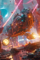 Close up bright depiction of a sci fi scene with meteorites and machines in a random setting