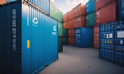 Stacked Shipping Containers Under Clear Sky - obrazy, fototapety, plakaty