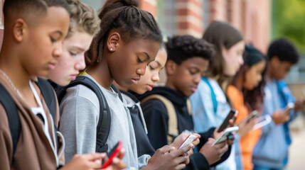 Young multiracial students is focusing on their smartphone at school addicted to social media, smart phone addiction concept - obrazy, fototapety, plakaty