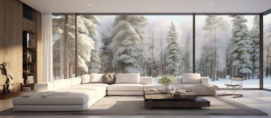 A modern living room filled with furniture including a sofa, coffee table, and armchairs. The room is bright with natural light flooding in through a large window.