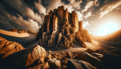 A rugged, conveys the grandeur and natural beauty of a rocky landscape under clear skies, with the sun casting a golden light - obrazy, fototapety, plakaty