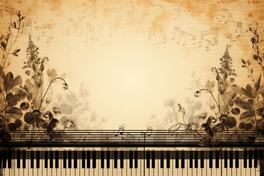 A musical theme with piano keys creating a border around the tex