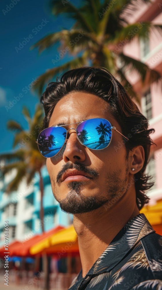 Poster a man with sunglasses on in front of palm trees. generative ai.