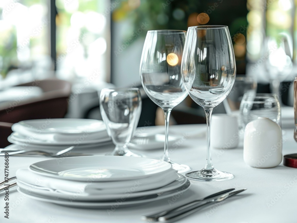 Poster a table setting with empty glasses and silverware. generative ai.