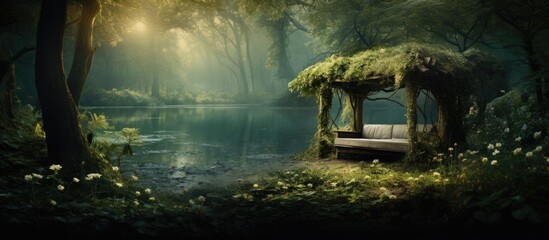 A wooden bench is positioned in the center of a dense forest, surrounded by towering trees and lush greenery. The sunlight filters through the branches, creating dappled patterns on the ground.