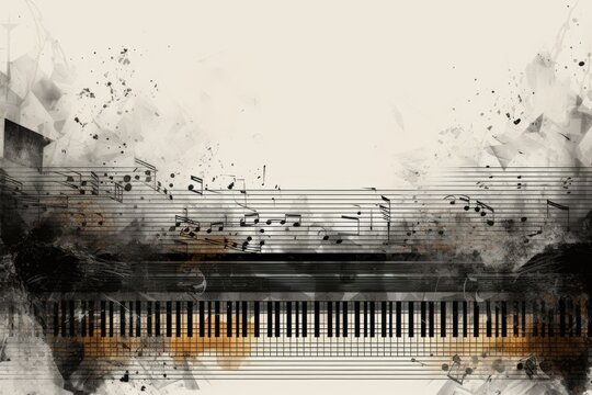 A musical theme with piano keys creating a border around the tex