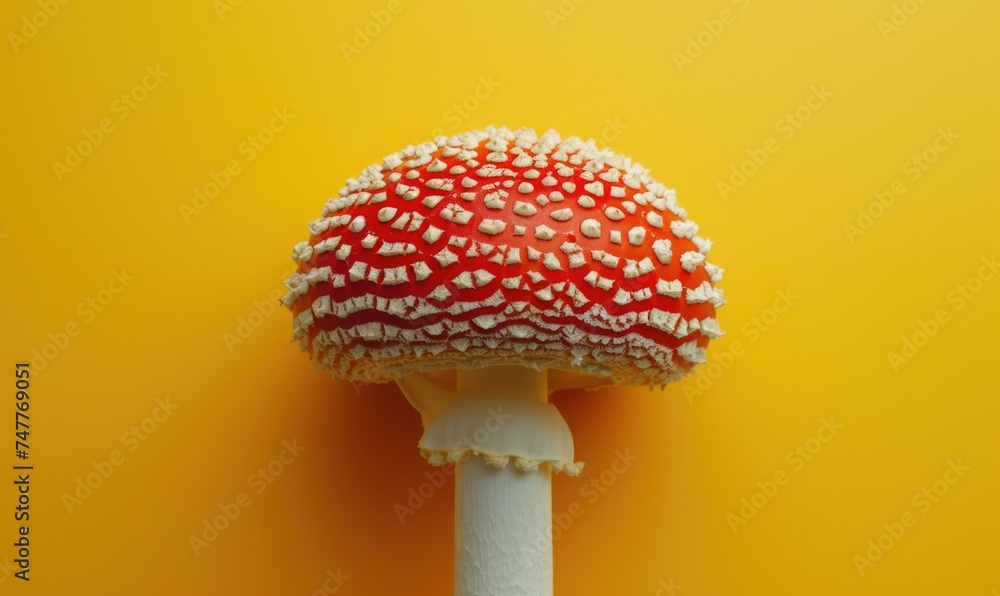 Wall mural A red and white mushroom on a yellow background. Generative AI.