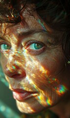 A woman with a rainbow colored reflection in her eyes. Generative AI.