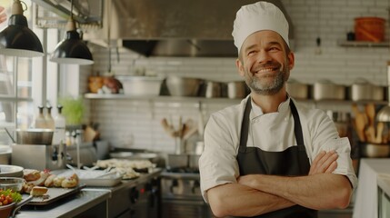 Male chef in a chef's hat in a kitchen with crossed arms