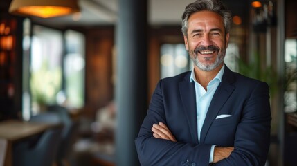 Naklejka premium A man in a suit smiling with his arms crossed. Generative AI.