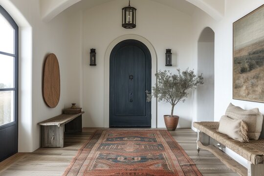 A large entryway with a blue door and a wooden bench. Generative AI.