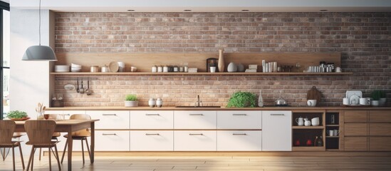 A modern kitchen featuring a brick wall and wooden floors. The kitchen is outfitted with sleek appliances and minimalist decor, creating a warm and inviting space for cooking and dining.