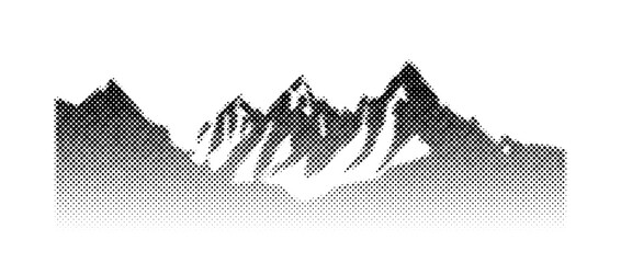 Fototapeta premium Black halftone mountain range. Grunge texture landscape terrain silhouette. Fading grainy hills chain wallpaper. Grungy dotted mountain peaks background. Vector scenery rock terrain illustration