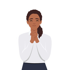 Smiling young woman with hands in prayer ask for forgiveness or beg. Flat vector illustration isolated on white background