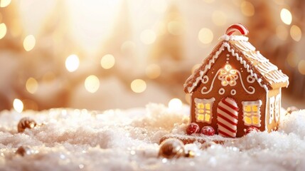 A gingerbread house adorned with a candy cane on top, standing out against a festive background