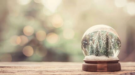 A snow globe sits atop a sturdy wooden table, displaying a winter scene encapsulated in glass