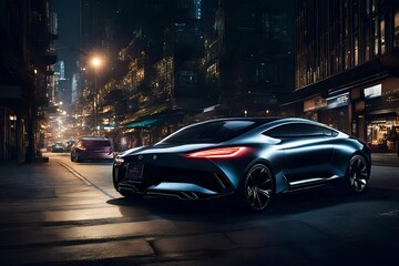 Fototapeta na wymiar A sleek sports coupe navigating through a bustling cityscape at night, its LED headlights illuminating the urban streetscape as it effortlessly weaves through traffic.