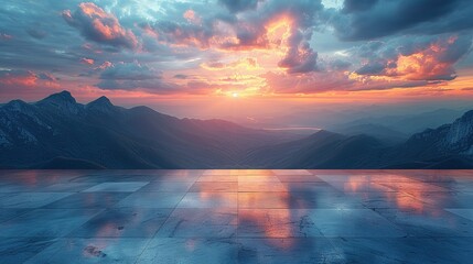 Empty square floor and green mountain with sky clouds at sunset. Panoramic view