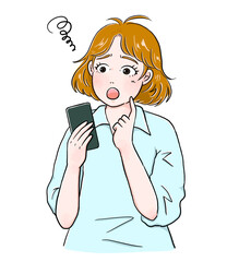 スマホを持って悩む女性　困り顔