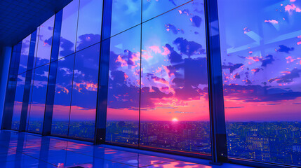 Sunset View Through a Window, Concept of Calm and Serenity, Modern Interior and Nature Fusion
